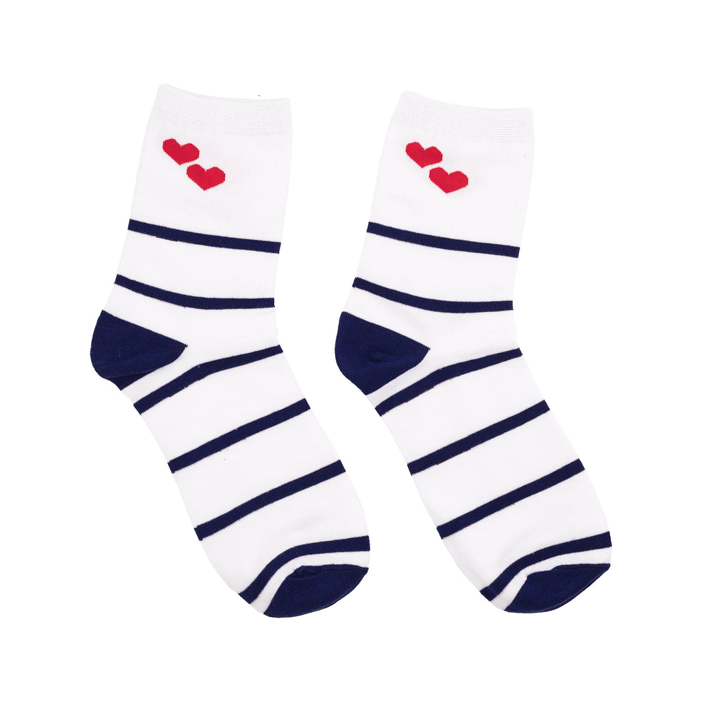 Crew Socks, Navy Stripes with Hearts