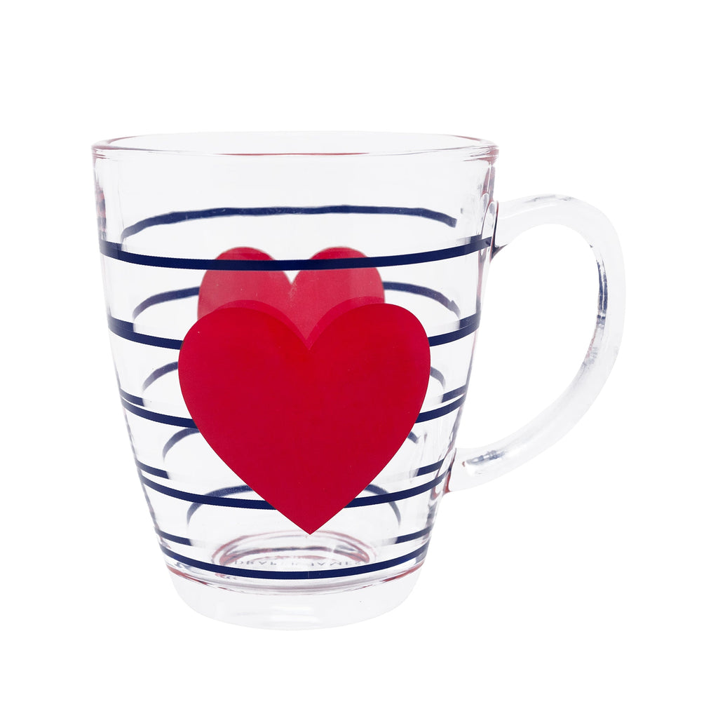 Glass Mug, Navy Stripes with Heart